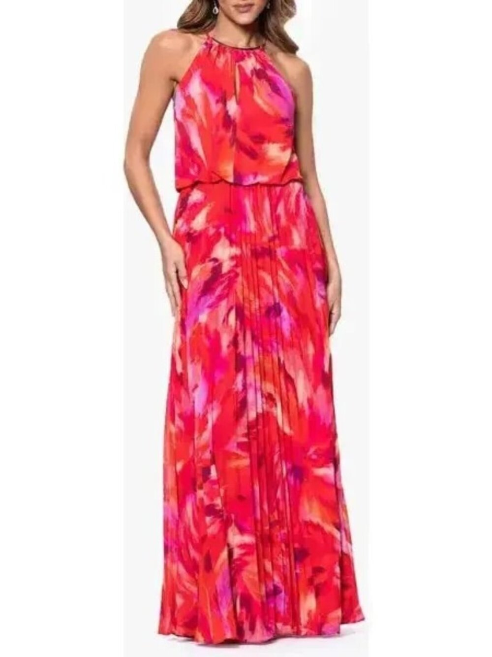 Xscape Red Pink Abstract Floral Pleated Gown